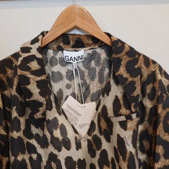 NWT GANNI leopard print top blouse short sleeve semisheer lightweight 36 breezy - Picture 7 of 16